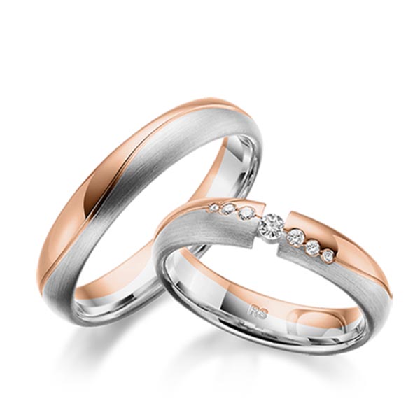 Set Bicolor trouwringen in roodgoud 14 kt. witgoud 14 kt. met in totaal 0,11 ct. Briljant tw/si van acredo
