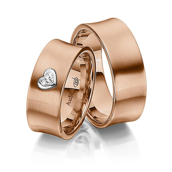 Set Bicolor trouwringen in roodgoud 14 kt. witgoud 14 kt. met in totaal 0,12 ct. Hart-Diamant tw,vs van Eternal Touch