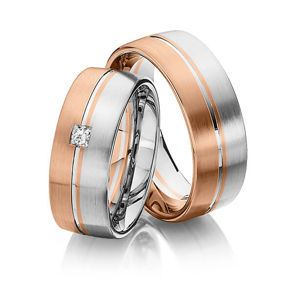Set Bicolor trouwringen in roodgoud 14 kt. witgoud 14 kt. met in totaal 0,12 ct. Princess-Diamant tw/si van Steinberg