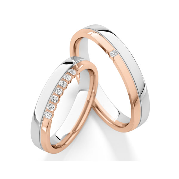 Set Bicolor trouwringen in roodgoud 14 kt. witgoud 14 kt. met in totaal 0,16 ct. tw,vs van Steinberg