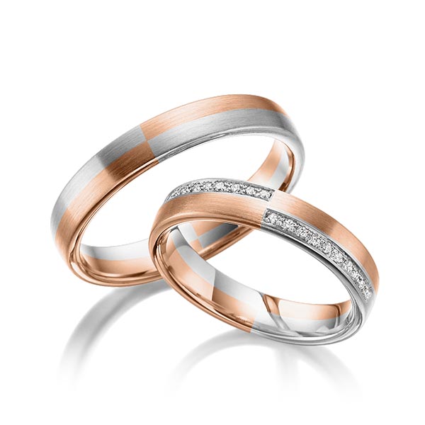 Set Bicolor trouwringen in roodgoud 14 kt. witgoud 14 kt. met in totaal 0,1 ct. Briljant tw/si van Eternal Touch