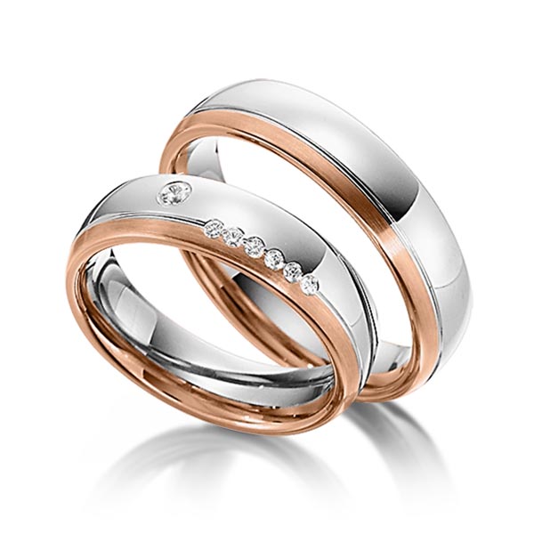 Set Bicolor trouwringen in roodgoud 14 kt. witgoud 14 kt. met in totaal 0,1 ct. Briljant tw/si van Steinberg