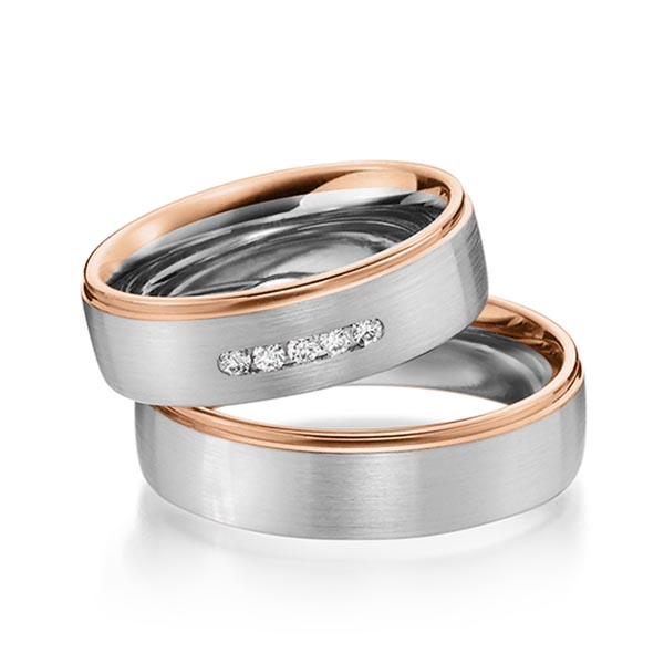 Set Bicolor trouwringen in roodgoud 14 kt. witgoud 14 kt. met in totaal 0,1 ct. Briljant tw/si van Steinberg