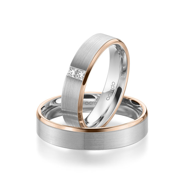 Set Bicolor trouwringen in roodgoud 14 kt. witgoud 14 kt. met in totaal 0,1 ct. Princess-Diamant tw/si van acredo