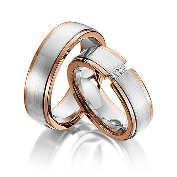Set Bicolor trouwringen in roodgoud 14 kt. witgoud 14 kt. met in totaal 0,1 ct. Princess-Diamant tw/si van Steinberg