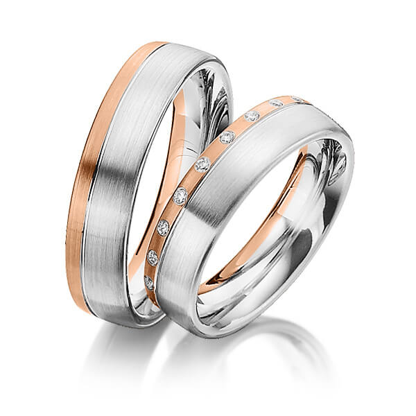 Set Bicolor trouwringen in roodgoud 14 kt. witgoud 14 kt. met in totaal 0,21 ct. Briljant tw/si van Steinberg