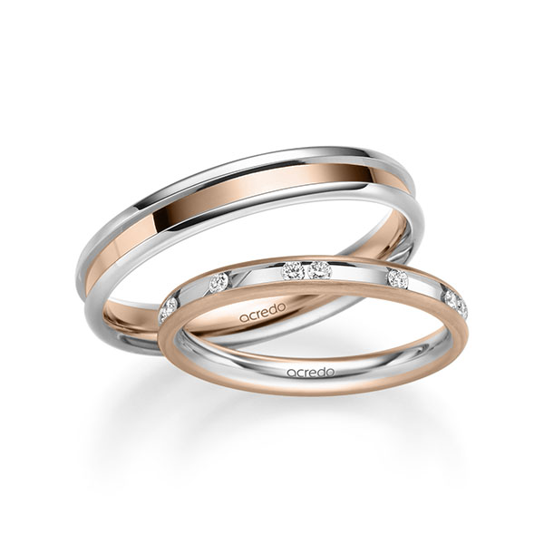 Set Bicolor trouwringen in roodgoud 14 kt. witgoud 14 kt. met in totaal 0,225 ct. Briljant tw/si van acredo - A-2224-5 Set Bicolor trouwringen in roodgoud 14 kt. witgoud 14 kt. met in totaal 0,225 ct. Briljant tw/si van acredo - A-2224-5