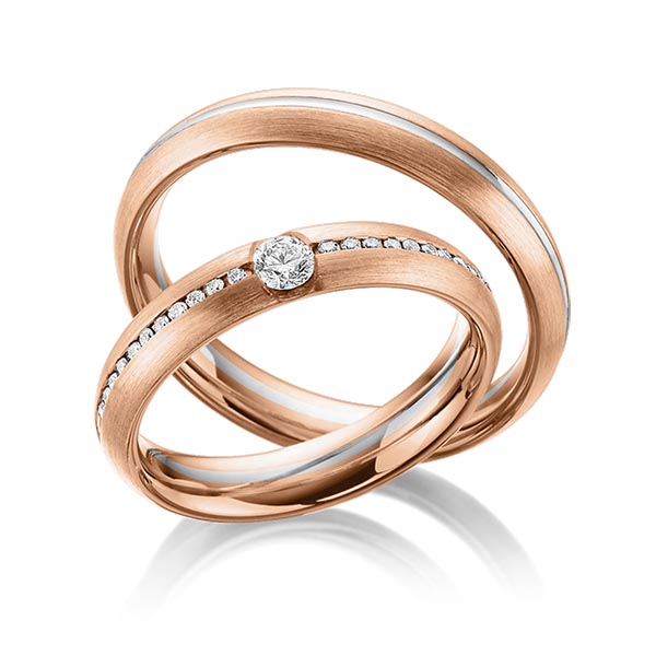 Set Bicolor trouwringen in roodgoud 14 kt. witgoud 14 kt. met in totaal 0,22 ct. Briljant tw/si van Steinberg