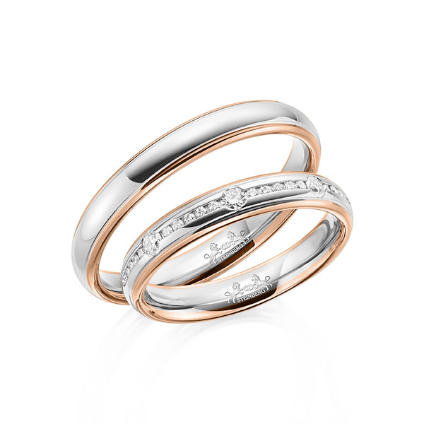 Set Bicolor trouwringen in roodgoud 14 kt. witgoud 14 kt. met in totaal 0,22 ct. Briljant tw/si van Steinberg