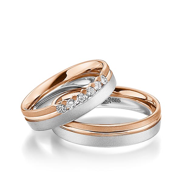 Set Bicolor trouwringen in roodgoud 14 kt. witgoud 14 kt. met in totaal 0,24 ct. Briljant tw/si van Steinberg