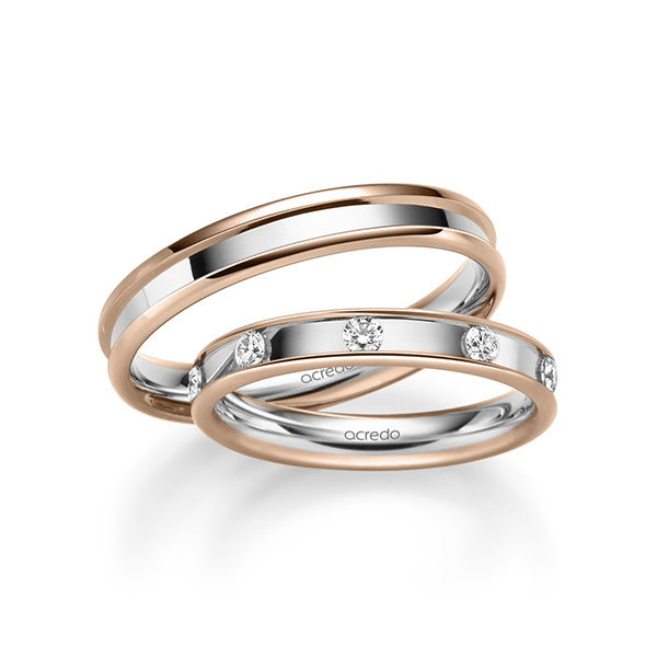 Set Bicolor trouwringen in roodgoud 14 kt. witgoud 14 kt. met in totaal 0,45 ct. Briljant tw,vs van acredo - A-2229-7
