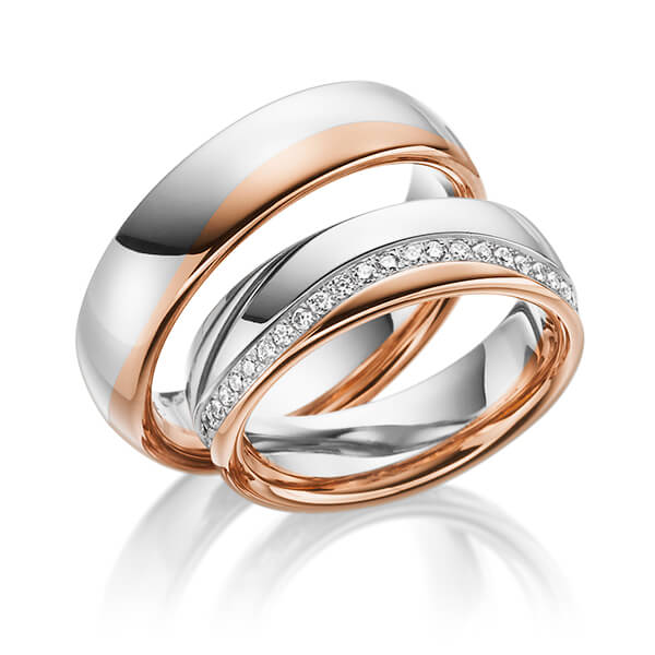 Set Bicolor trouwringen in roodgoud 14 kt. witgoud 14 kt. met in totaal 0,47 ct. Briljant tw/si van Steinberg - Q-1192-6 Set Bicolor trouwringen in roodgoud 14 kt. witgoud 14 kt. met in totaal 0,47 ct. Briljant tw/si van Steinberg - Q-1192-6