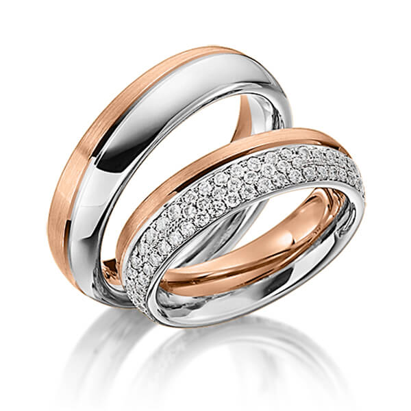 Set Bicolor trouwringen in roodgoud 14 kt. witgoud 14 kt. met in totaal 0,74 ct. Briljant tw/si van Steinberg
