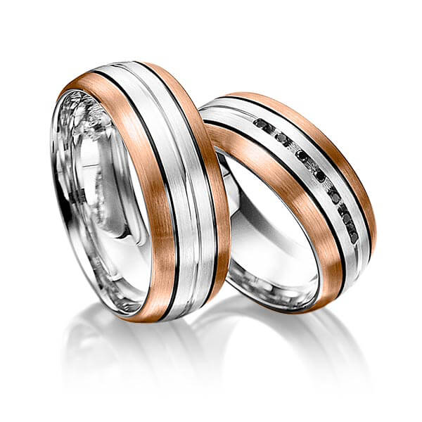 Set Bicolor trouwringen in roodgoud 14 kt. zilver 925 met in totaal 0,056 ct. Briljant Zwart van Merii - M-1063-11 Set Bicolor trouwringen in roodgoud 14 kt. zilver 925 met in totaal 0,056 ct. Briljant Zwart van Merii - M-1063-11