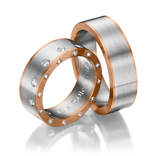 Set Bicolor trouwringen in roodgoud 18 kt. platina 950 met in totaal 0,48 ct. Briljant tw/si van Eternal Touch