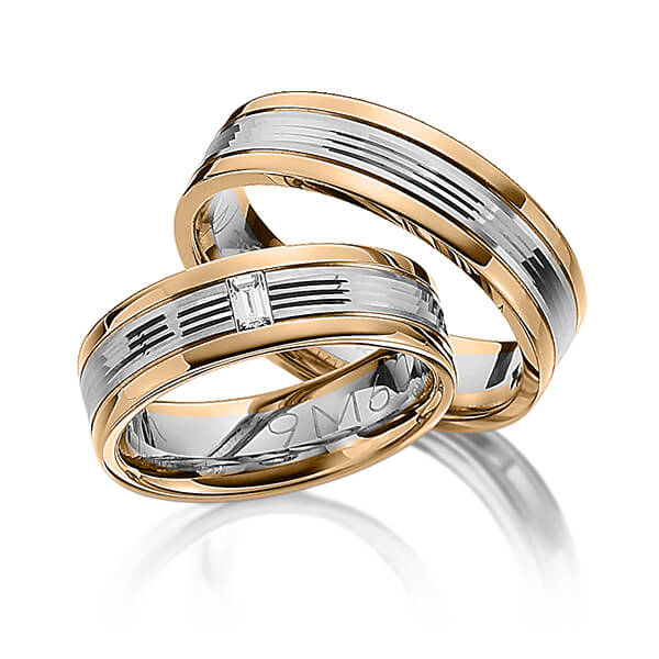 Set Bicolor trouwringen in roségoud 14 kt. 600 Platinahoudend metaal (60%) met in totaal 0,05 ct. Baguette-Diamant tw,vs van Merii