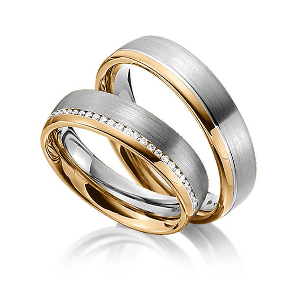 Set Bicolor trouwringen in roségoud 14 kt. dark grey gold 14 kt. met in totaal 0,145 ct. Briljant tw/si van Steinberg