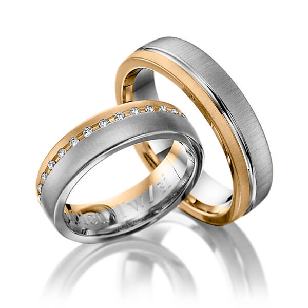 Set Bicolor trouwringen in roségoud 14 kt. dark grey gold 14 kt. met in totaal 0,15 ct. Briljant tw/si van Steinberg - Q-1203-9 Set Bicolor trouwringen in roségoud 14 kt. dark grey gold 14 kt. met in totaal 0,15 ct. Briljant tw/si van Steinberg - Q-1203-9