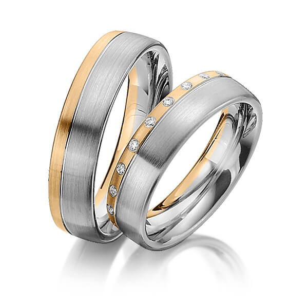 Set Bicolor trouwringen in roségoud 14 kt. dark grey gold 14 kt. met in totaal 0,21 ct. Briljant tw/si van Steinberg