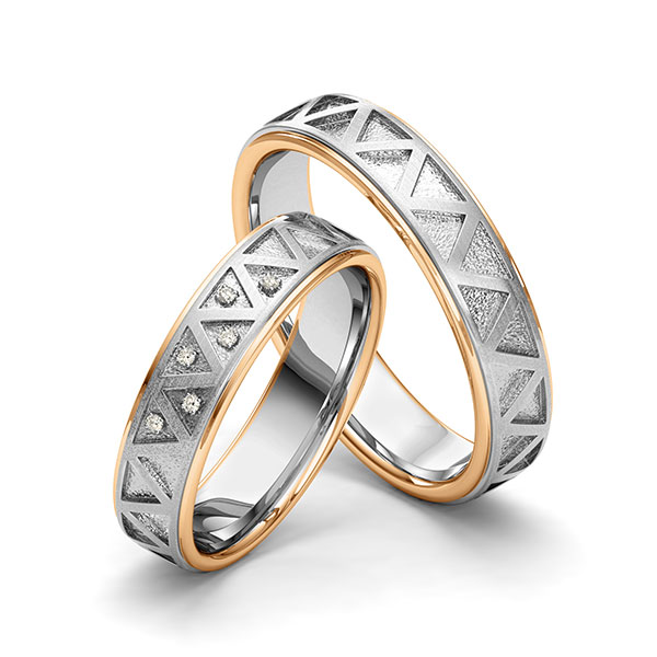 Set Bicolor trouwringen in roségoud 14 kt. grijsgoud 14 kt. Laser Structuur met in totaal 0,045 ct. Briljant tw/si van Eternal Touch