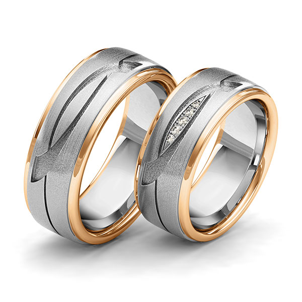 Set Bicolor trouwringen in roségoud 14 kt. grijsgoud 14 kt. Laser Structuur met in totaal 0,04 ct. Briljant tw/si van Eternal Touch