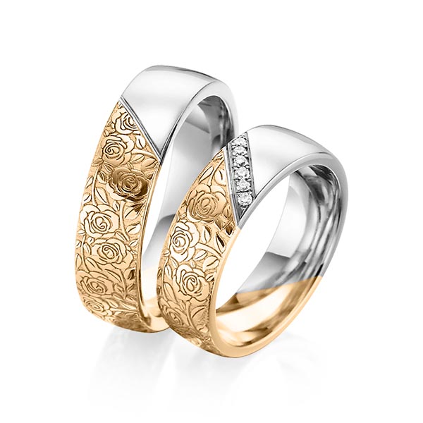 Set Bicolor trouwringen in roségoud 14 kt. grijsgoud 14 kt. Laser Structuur met in totaal 0,06 ct. Briljant tw/si van Eternal Touch