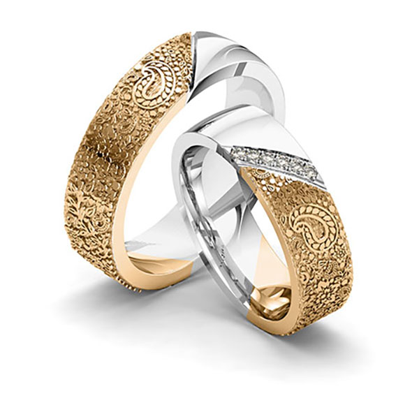 Set Bicolor trouwringen in roségoud 14 kt. grijsgoud 14 kt. Laser Structuur met in totaal 0,06 ct. Briljant tw/si van Eternal Touch
