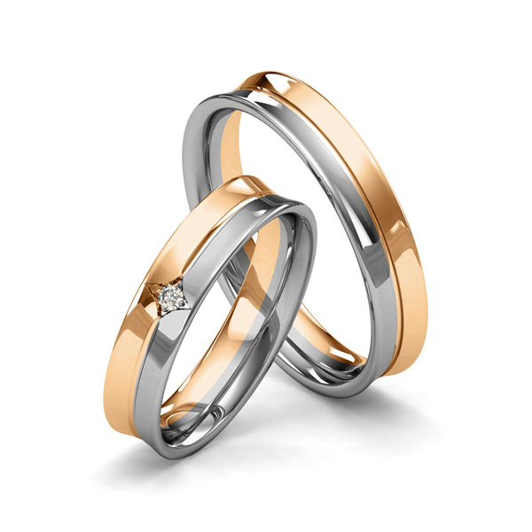Set Bicolor trouwringen in roségoud 14 kt. grijsgoud 14 kt. met in totaal 0,025 ct. Briljant tw/si van Merii