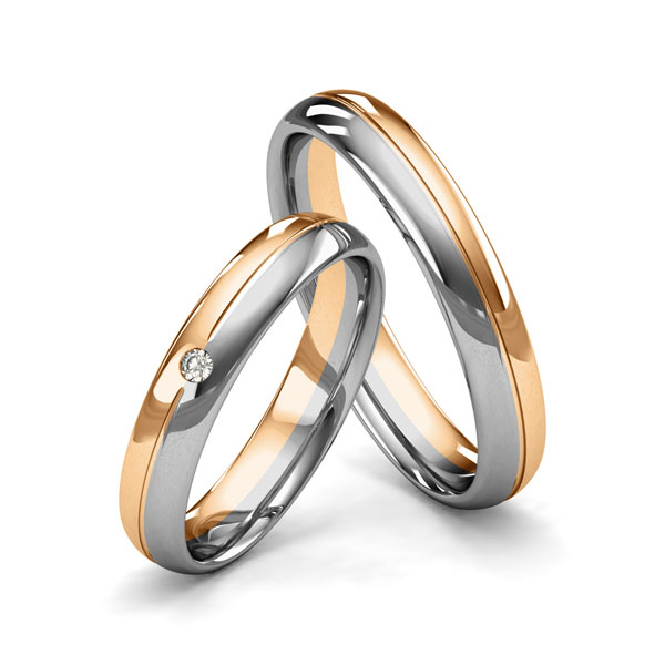 Set Bicolor trouwringen in roségoud 14 kt. grijsgoud 14 kt. met in totaal 0,02 ct. Briljant tw/si van Merii