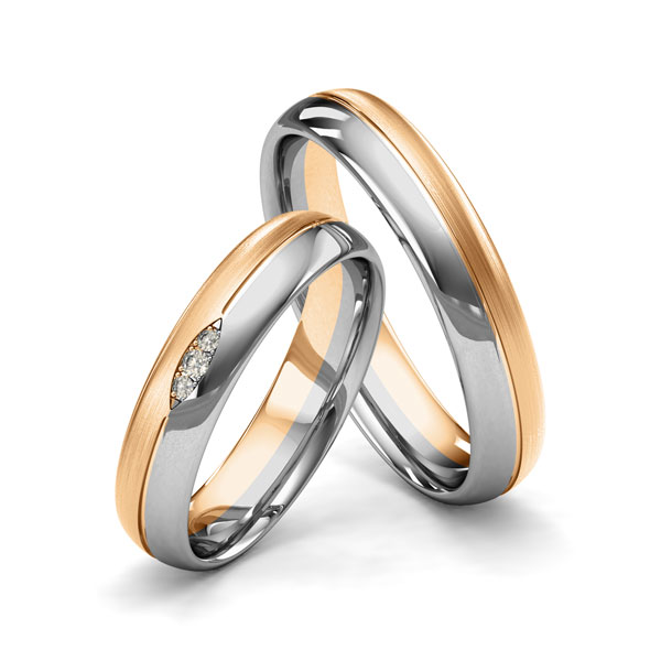 Set Bicolor trouwringen in roségoud 14 kt. grijsgoud 14 kt. met in totaal 0,02 ct. Briljant tw/si van Merii - M-1206-10 Set Bicolor trouwringen in roségoud 14 kt. grijsgoud 14 kt. met in totaal 0,02 ct. Briljant tw/si van Merii - M-1206-10