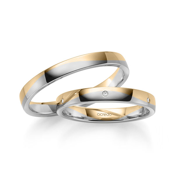 Set Bicolor trouwringen in roségoud 14 kt. grijsgoud 14 kt. met in totaal 0,03 ct. Briljant tw,vs van acredo