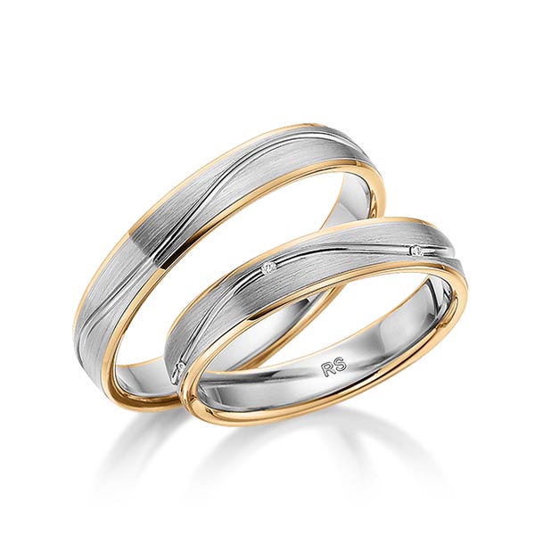 Set Bicolor trouwringen in roségoud 14 kt. grijsgoud 14 kt. met in totaal 0,03 ct. Briljant tw/si van acredo