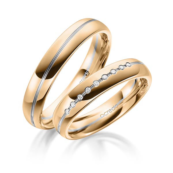 Set Bicolor trouwringen in roségoud 14 kt. grijsgoud 14 kt. met in totaal 0,045 ct. Briljant tw/si van acredo