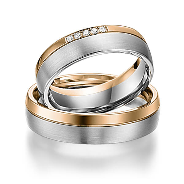 Set Bicolor trouwringen in roségoud 14 kt. grijsgoud 14 kt. met in totaal 0,04 ct. Briljant tw/si van acredo - S-1109-9