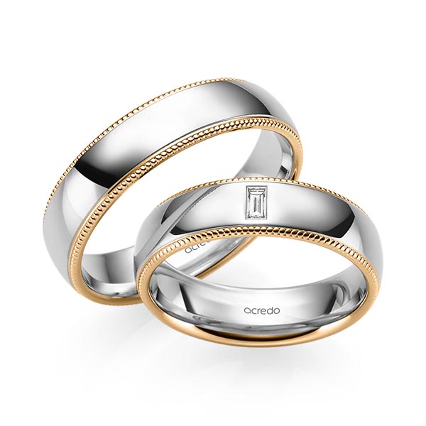 Set Bicolor trouwringen in roségoud 14 kt. grijsgoud 14 kt. met in totaal 0,05 ct. Baguette-Diamant tw,vs van acredo