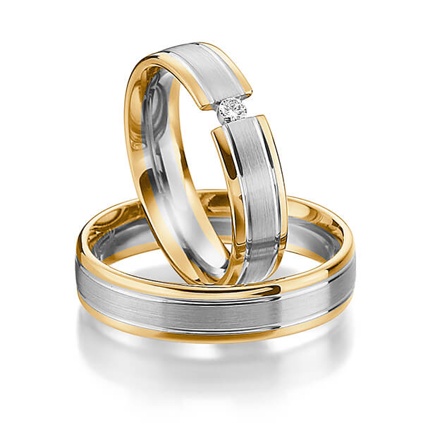 Set Bicolor trouwringen in roségoud 14 kt. grijsgoud 14 kt. met in totaal 0,05 ct. Briljant tw/si van Steinberg - Q-1180-6 Set Bicolor trouwringen in roségoud 14 kt. grijsgoud 14 kt. met in totaal 0,05 ct. Briljant tw/si van Steinberg - Q-1180-6