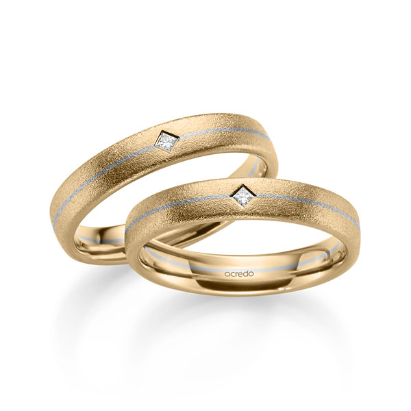 Set Bicolor trouwringen in roségoud 14 kt. grijsgoud 14 kt. met in totaal 0,05 ct. Princess-Diamant tw/si van acredo