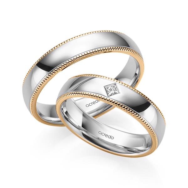 Set Bicolor trouwringen in roségoud 14 kt. grijsgoud 14 kt. met in totaal 0,05 ct. Princess-Diamant tw/si van acredo