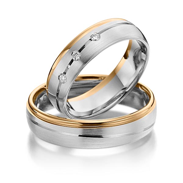 Set Bicolor trouwringen in roségoud 14 kt. grijsgoud 14 kt. met in totaal 0,06 ct. Briljant tw/si van Steinberg