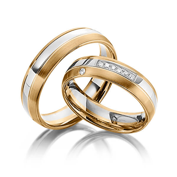 Set Bicolor trouwringen in roségoud 14 kt. grijsgoud 14 kt. met in totaal 0,08 ct. Briljant tw/si van Steinberg