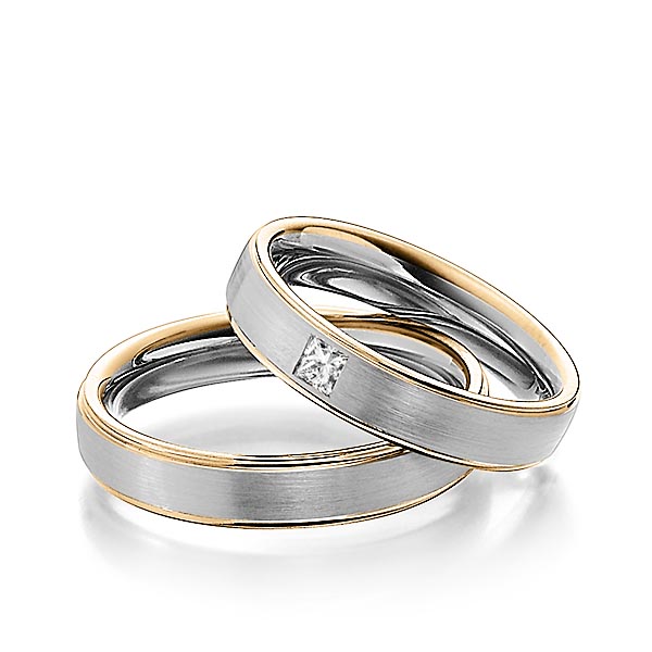 Set Bicolor trouwringen in roségoud 14 kt. grijsgoud 14 kt. met in totaal 0,08 ct. Princess-Diamant tw/si van Steinberg