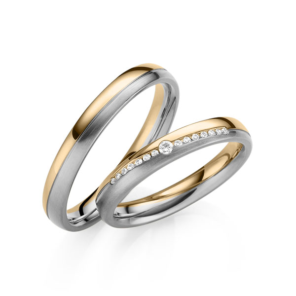 Set Bicolor trouwringen in roségoud 14 kt. grijsgoud 14 kt. met in totaal 0,095 ct. Briljant tw,vs van Eternal Touch