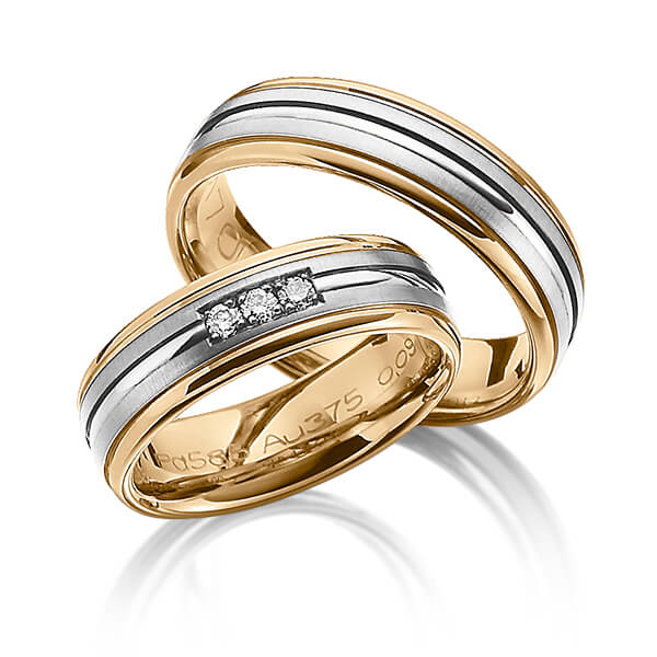 Set Bicolor trouwringen in roségoud 14 kt. grijsgoud 14 kt. met in totaal 0,09 ct. Briljant tw/si van Merii