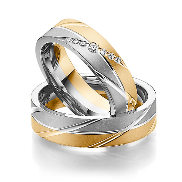 Set Bicolor trouwringen in roségoud 14 kt. grijsgoud 14 kt. met in totaal 0,09 ct. Briljant tw/si van Steinberg - T-1145-5 Set Bicolor trouwringen in roségoud 14 kt. grijsgoud 14 kt. met in totaal 0,09 ct. Briljant tw/si van Steinberg - T-1145-5