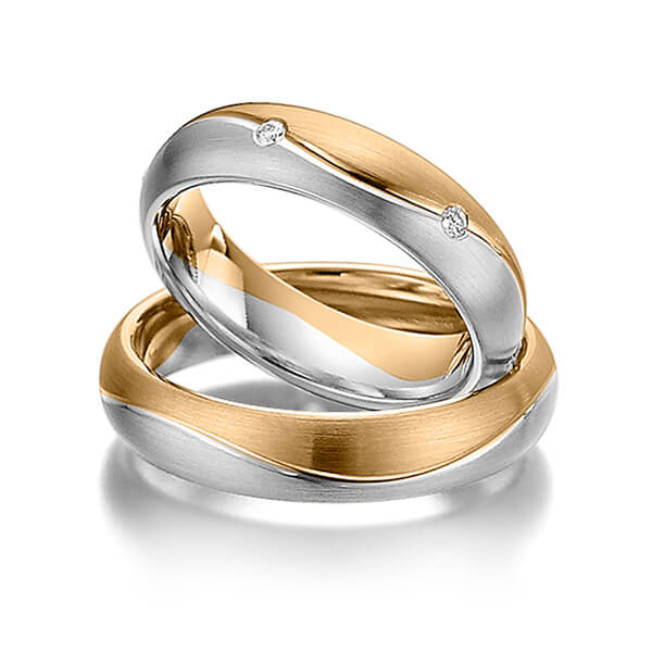 Set Bicolor trouwringen in roségoud 14 kt. grijsgoud 14 kt. met in totaal 0,12 ct. Briljant tw/si van Steinberg - Q-1143-6 Set Bicolor trouwringen in roségoud 14 kt. grijsgoud 14 kt. met in totaal 0,12 ct. Briljant tw/si van Steinberg - Q-1143-6