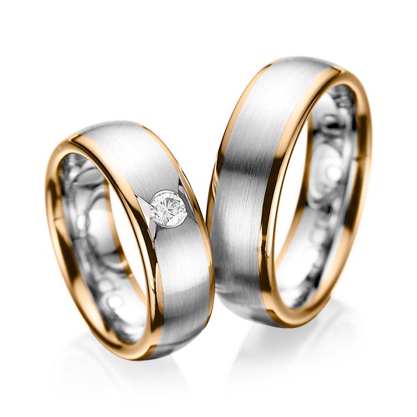 Set Bicolor trouwringen in roségoud 14 kt. grijsgoud 14 kt. met in totaal 0,15 ct. Briljant tw/si van acredo - A-1065-4