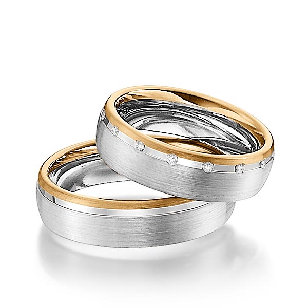 Set Bicolor trouwringen in roségoud 14 kt. grijsgoud 14 kt. met in totaal 0,15 ct. Briljant tw/si van Steinberg