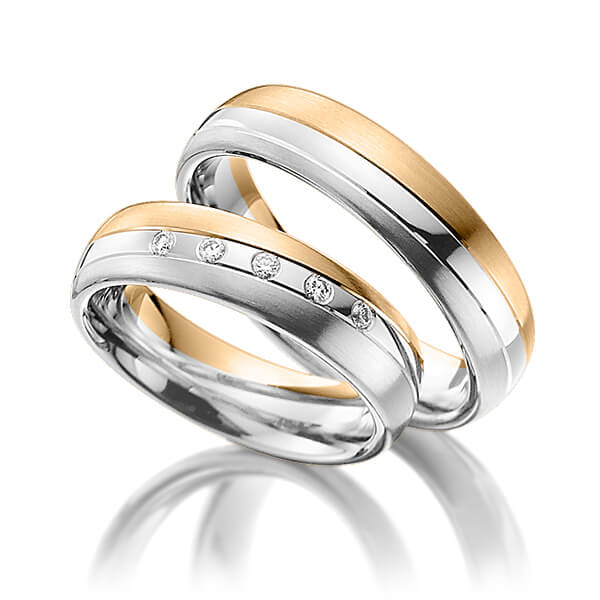 Set Bicolor trouwringen in roségoud 14 kt. grijsgoud 14 kt. met in totaal 0,1 ct. Briljant tw/si van Steinberg