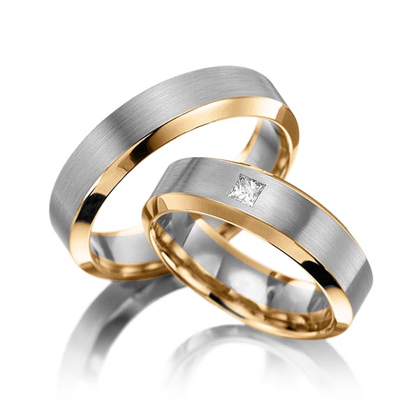 Set Bicolor trouwringen in roségoud 14 kt. grijsgoud 14 kt. met in totaal 0,1 ct. Princess-Diamant tw,vs van Eternal Touch