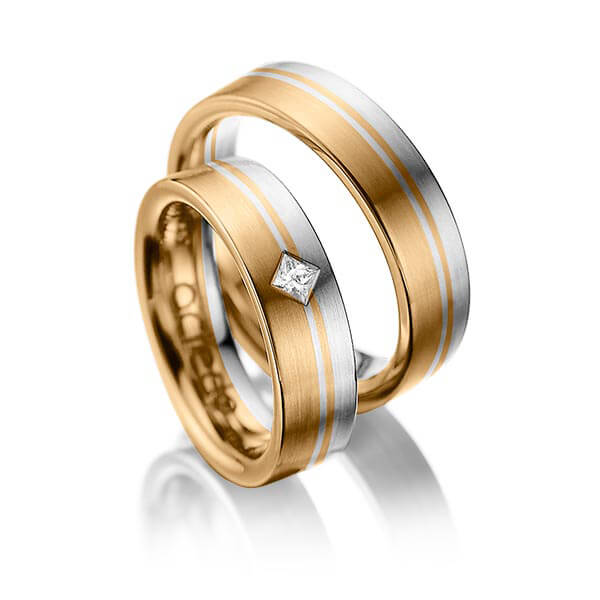 Set Bicolor trouwringen in roségoud 14 kt. grijsgoud 14 kt. met in totaal 0,1 ct. Princess-Diamant tw/si van acredo - A-1020-8 Set Bicolor trouwringen in roségoud 14 kt. grijsgoud 14 kt. met in totaal 0,1 ct. Princess-Diamant tw/si van acredo - A-1020-8